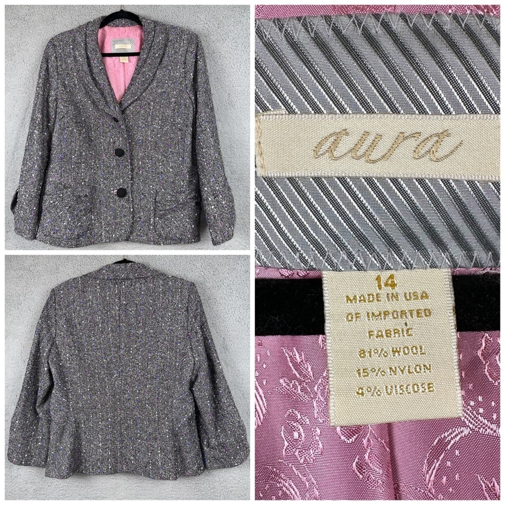 Aura Jacket Women 14 Gray Vintage Tweed Speckled Circle Blazer Office Y2K Boho